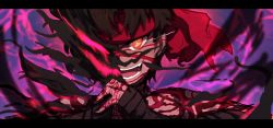 1boy :d absurdres angra_mainyu angra_mainyu_(fate) aura bad_id bad_twitter_id blush brown_hair commentary_request dark-skinned_male dark_aura dark_skin facial_tattoo fangs fate/grand_order fate/hollow_ataraxia fate_(series) glowing glowing_eye headband highres letterboxed long_hair looking_at_viewer male_focus one_eye_covered open_mouth orange_eyes protected_link red_headband smile solo tattoo teeth upper_teeth_only wada_kazu