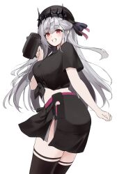1girl black_shirt black_skirt black_thighhighs goddess_of_victory:_nikke grey_hair highres long_hair modernia_(nikke) modernia_(second_affection)_(nikke) official_alternate_costume shinobutti90wer shirt simple_background skirt solo thighhighs tiara tied_shirt white_background