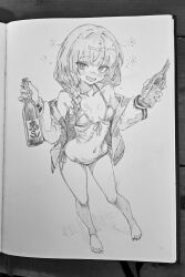 1girl absurdres alcohol barefoot bikini blush bocchi_the_rock! braid breasts fang groin highres hiroi_kikuri long_hair low_twintails monochrome navel off_shoulder ribs sake simple_background smile solo swimsuit thighs twintails white_background