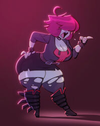 1girl angry belt bigdad boots bracelet breasts cleavage collar covered_eyes curvy full_body gazlene_membrane goth_fashion hair_over_eyes hand_on_own_hip invader_zim jewelry large_breasts open_mouth pink_hair pointing purple_thighhighs sharp_teeth short_hair simple_background skindentation skirt skull_print solo spiked_bracelet spikes standing teeth thick_thighs thighhighs thighs torn_clothes torn_thighhighs