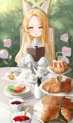 1girl absurdres animal_ear_fluff animal_ears bird blonde_hair blue_archive blush book chair commentary cup cutlery detached_sleeves flower food fox_ears fox_girl hair_flower hair_ornament halo highres holding holding_book jam long_hair looking_at_viewer macaron necktie on_chair open_mouth pastry pink_flower pink_rose plate rose seia_(blue_archive) sitting sleeves_past_wrists solo table teacup ubeuna yellow_eyes