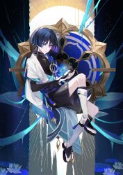 1boy absurdres anemo_symbol_(genshin_impact) armor black_bodysuit black_bow black_bridal_gauntlets black_hair black_leggings black_sandals black_shorts blue_gemstone blue_hat blue_kimono blue_sleeves blunt_ends bodysuit bow bridal_gauntlets closed_mouth colored_inner_hair covered_collarbone expressionless eyelashes eyeliner eyeshadow feathers flower full_body furisode gem genshin_impact gold gold_ring hakama hakama_shorts hat highres japanese_armor japanese_clothes jingasa juban kimono knee_up kote kurokote layered_sleeves leg_warmers leggings lily_(flower) lily_pad long_eyelashes looking_at_viewer lotus makeup male_focus mandarin_collar middle_ring multicolored_hair neyti_(neytirv) open_clothes open_hands open_kimono pleated_shorts pom_pom_(clothes) purple_eyes purple_hair purple_rope purple_sash red_eyeliner red_eyeshadow rope sandals sash scaramouche_(genshin_impact) short_sleeves shorts shoulder_peek solo stirrup_legwear sun tassel toeless_legwear toenails toes twitter_username vision_(genshin_impact) wanderer_(genshin_impact) white_kimono white_leg_warmers white_sleeves white_trim wispy_bangs yellow_feathers zouri