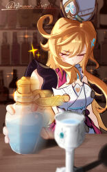 1girl absurdres amaneiru blonde_hair bottle closed_eyes commentary_request cup dot_nose dress escoffier_(genshin_impact) fork_hair_ornament genshin_impact hair_ornament hat highres holding holding_bottle indoors long_hair solo sparkle twitter_username white_dress white_hat