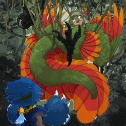 2girls bird_legs bird_tail blue_feathers blue_hair claws commission dinosaur_girl entangled feathered_dinosaur feathered_wings feathers forest green_feathers green_hair harpy headband highres long_hair monster_girl multicolored_wings multiple_girls nature orange_feathers original pixiv_commission plant pointy_ears ponytail red_feathers tail talons urotori vines winged_arms wings