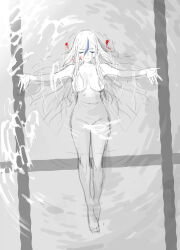 1girl 4oji344 absurdres afloat blood blood_stain closed_eyes completely_nude heterochromia highres long_hair nude pool the_hundred_line_-last_defense_academy- v&#039;ehxness white_hair