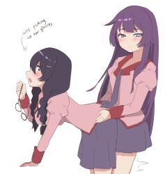 Rule 34 | 2girls, black hair, blue eyes, blush, braid, breasts, closed mouth, doggystyle, glasses, hand on another&#039;s hip, hand on another&#039;s waist, hanekawa tsubasa, highres, implied yuri, long hair, long sleeves, looking at viewer, meemz a, monogatari (series), multiple girls, naoetsu high school uniform, necktie, puffy sleeves, purple hair, school uniform, senjougahara hitagi, sex from behind, skirt, twin braids, yuri