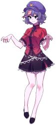 Rule 34 | 1girl, @ @, black skirt, breasts, chinese clothes, closed mouth, commentary request, full body, hat, hat ornament, highres, looking at viewer, miyako yoshika, neck ribbon, newsboy cap, ofuda, outstretched arms, purple hair, purple hat, purple nails, purple ribbon, red shirt, ribbon, second-party source, shirt, short hair, short sleeves, skirt, smile, solo, ssm (ssm82048039), star (symbol), star hat ornament, tachi-e, tangzhuang, touhou, transparent background, zombie pose