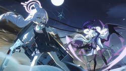 2girls absurdres beretta_1301 black_gloves black_halo black_horns black_panties black_skirt black_thighhighs black_wings blue_archive blue_eyes commentary_request demon_girl demon_horns demon_wings fingerless_gloves gloves gun halo heterochromia highres hina_(blue_archive) holding holding_gun holding_weapon horns hoshino_(armed)_(blue_archive) hoshino_(blue_archive) long_hair long_sleeves low_wings machine_gun mg42 miniskirt moon multiple_girls multiple_horns night night_sky panties pencil_skirt pink_hair pink_halo pleated_skirt ponytail purple_eyes revision shirt skirt sky thighhighs thighs underwear very_long_hair weapon white_hair white_shirt wings yellow_eyes yuyiosang