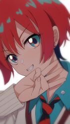 1girl amate_yuzuriha aqua_eyes gundam gundam_gquuuuuux hair_between_eyes kwrrrrrr necktie red_hair school_uniform short_hair solo sweater