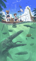 2girls aki_(akisora_hiyori) backpack bag banana black_legwear blue_skirt blush boat boned_meat brontosaurus brown_hair building cloud commentary_request day dinosaur fish fishing fishing_rod food fruit hat highres holding holding_fishing_rod holding_food long_hair meat mosasaur multiple_girls neckerchief on_boat original outdoors palm_tree partially_underwater_shot pleated_skirt plesiosaur prehistoric_animal pterosaur purple_hair red_neckerchief rice_hat sailor_collar sailor_shirt satellite_dish sauropod school_uniform serafuku shirt short_hair short_sleeves sign skirt socks solar_panel translation_request tree water watercraft weather_vane white_shirt