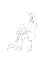 2girls boots closed_eyes coat commentary_request dress greyscale guri_gom highres juliet_sleeves knee_boots kneeling korean_commentary long_hair long_sleeves monochrome multiple_girls my-otome natsuki_kruger puff_of_air puffy_sleeves shizuru_viola