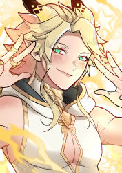 1boy :d absurdres ailheim blonde_hair diamond_cutout double_w dragalia_lost dragon_horns green_eyes highres hood hood_down hoodie horns humanoid_jupiter_(dragalia_lost) jewelry looking_at_viewer lower_teeth_only male_focus open_mouth pointy_ears ring sleeveless sleeveless_hoodie smile solo star_(symbol) teeth upper_body w white_hoodie