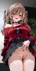 1girl :d ahoge arm_at_side barcode belt black_belt black_choker black_ribbon black_skirt black_sweater blush bottomless breasts brown_eyes brown_hair brown_nails censored choker clothes_lift collarbone cowboy_shot dikko emo_fashion fangs fingernails groin hair_between_eyes hair_intakes hair_ribbon heart heart_choker highres hololive hololive_english jewelry lifting_own_clothes long_hair long_sleeves looking_at_viewer miniskirt nail_polish nanashi_mumei nanashi_mumei_(emo) off-shoulder_sweater off_shoulder official_alternate_costume official_alternate_hairstyle open_mouth pendant_choker pleated_skirt purple_ribbon pussy pussy_juice red_sweater ribbon sidelocks skirt skirt_lift smile solo striped_clothes striped_sweater sweater sweater_partially_tucked_in sweater_tucked_in sweater_under_shirt thigh_gap twintails two-tone_sweater virtual_youtuber