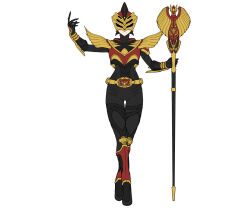 1girl armor belt black_bodysuit bodysuit closed_mouth commentary crossed_legs eidenjyou1997 expressionless full_body genderswap genderswap_(mtf) gold_belt helmet holding holding_staff kamen_rider kamen_rider_odin kamen_rider_ryuki_(series) rider-tan rider_belt simple_background solo staff standing straight-on v_buckle white_background
