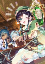 1girl 2boys anemo_symbol_(genshin_impact) aqua_gemstone aqua_hair beret black_gloves black_hair black_headband blue_hair blush bottle braid closed_eyes commentary_request dark-skinned_male dark_skin eula_(genshin_impact) eyepatch feathers fingerless_gloves genshin_impact gloves gradient_hair green_eyes green_hat hat headband highres holding holding_bottle ina_(t_play1125) indoors kaeya_(genshin_impact) long_hair looking_at_viewer multicolored_hair multiple_boys one_eye_closed open_mouth shirt sidelocks sitting teeth twin_braids upper_teeth_only venti_(genshin_impact) vision_(genshin_impact) white_shirt