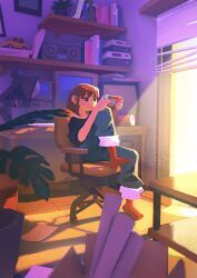Rule 34 | 1girl, black eyes, blue pants, brown hair, chair, computer, desk lamp, fujiwara yoshito, handheld game console, highres, indoors, lamp, medium hair, monitor, nintendo switch, original, pants, plant, playing games, potted plant, red socks, rug, shadow, shelf, sidelighting, sitting, sleeves pushed up, socks, solo, sunlight, swivel chair, window, window blinds