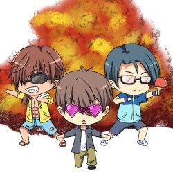 &gt;:( 3boys abs antenna_hair bespectacled black-framed_eyewear black_hair black_shirt black_shorts blue_shirt brown_hair chibi chibi_only closed_mouth commentary explosion facing_viewer fang full_body glasses goggles grin hair_between_eyes heart heart-shaped_eyewear holding_table_tennis_paddle jacket kanou_tenzen lowres male_focus medium_hair mitani_ryouichi mu-chu multiple_boys on_one_knee open_clothes open_jacket open_shirt paddle pink-framed_eyewear pink-tinted_eyewear semi-rimless_eyewear shirt short_hair short_sleeves shorts simple_background smile split_mouth summer_pockets sunglasses swim_goggles table_tennis_paddle takahara_hairi tinted_eyewear triangle_mouth v-shaped_eyebrows white_background yellow_jacket