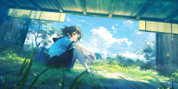 1girl absurdres black_hair black_skirt blue_eyes blue_sky bug butterfly closed_mouth cloud cloudy_sky commentary_request grass highres insect knees_up lifeline_(a384079959) on_ground original scenery school_uniform serafuku shade sitting skirt sky solo