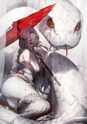 1girl animal breasts commentary_request curtained_hair fingernails forehead genyaky giant_snake grey_hair grey_kimono highres holding holding_umbrella japanese_clothes kimono large_breasts long_braid long_hair looking_at_viewer loose_kimono mask nail_polish oil-paper_umbrella original oversized_animal red_eyes red_umbrella skeleton_snake skull_mask snake tongue tongue_out umbrella very_long_hair white_snake