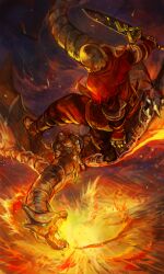Rule 34 | 2others, akaneko (redakanekocat), battle, capelet, commentary request, dragon, fire, helmet, highres, holding, holding polearm, holding shield, holding sword, holding weapon, midair, multiple others, pixiv fantasia, pixiv fantasia t, polearm, red capelet, riding, riding animal, shield, sword, weapon