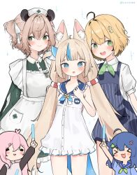 &gt;_&lt; 5girls ahoge animal_ears apron blonde_hair blue_hair blue_overalls brown_hair cat_ears closed_mouth dooby_(vtuber) dress fins fish_girl fish_tail glowstick green_dress green_eyes highres holding holding_glowstick indie_virtual_youtuber long_hair looking_at_viewer multiple_girls mumble_(shachimu) nimi_nightmare original overalls rinrihime sameko_saba senzawa shirt smile tail tapir_ears tapir_girl very_long_hair virtual_youtuber voice_actor_connection white_apron white_dress white_shirt