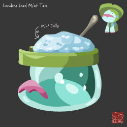 arrow_(symbol) artist_logo artist_name character-themed_food character_name cup food food_focus food_name gelatin gen_3_pokemon grey_background highres logo lombre nintendo no_humans pokemon pokemon_(creature) simple_background tea yuki00yo