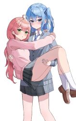 2girls a_a_(sfpz3443) ahoge arms_around_neck blue_eyes blue_hair blue_necktie blush brown_shoes cardigan carrying closed_mouth collared_shirt commentary_request green_eyes grey_cardigan grey_skirt hololive hoshimachi_suisei long_hair long_sleeves multiple_girls necktie one_side_up parted_lips pink_hair pink_sweater pleated_skirt princess_carry sakura_miko shirt shoes simple_background skirt socks sweater virtual_youtuber white_background white_shirt white_socks yuri