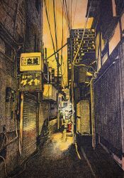 Rule 34 | absurdres, alley, building, cloud, cloudy sky, day, highres, ibsukionsen, landscape, night, no humans, original, road, scenery, shadow, sign, sky, sliding doors, street, sunlight, yellow theme