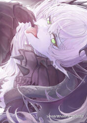1girl absurdres black_cloak black_hands breasts cloak colored_extremities demon_girl demon_horns demon_wings earrings fate/grand_order fate_(series) finger_in_own_mouth green_eyes hair_between_eyes hands_up harness highres horns jacket jewelry lilith_(fate) long_hair long_sleeves looking_at_viewer mouth_pull multiple_earrings naked_jacket o-ring o-ring_harness open_mouth pobiscqcqp38813 pointy_ears solo teeth tongue tongue_out twintails wide_sleeves wings