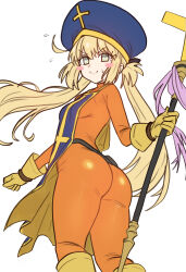 1girl @_@ absurdres artoria_caster_(fate) artoria_pendragon_(fate) ass blonde_hair blush_stickers bodysuit breasts cosplay cross cross_print dragon_quest dragon_quest_iii ebora eyelashes fate/grand_order fate_(series) flying_sweatdrops from_behind gloves green_eyes hat highres holding holding_staff long_eyelashes long_hair looking_at_viewer looking_back non-web_source orange_bodysuit priest_(dq3) priest_(dq3)_(cosplay) simple_background small_breasts smile solo staff staff_of_selection_(fate) sweat twintails white_background yellow_gloves