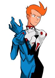 1boy absurdres cosplay highres ikari_shinji ikari_shinji_(cosplay) mecha_pilot_suit neon_genesis_evangelion orange_hair parody philip_j_fry plugsuit_(evangelion) rosygloomart simple_background solo white_background