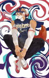 1boy arknights bandaid bandaid_on_cheek bandaid_on_face baseball_cap black_pants blue_shirt closed_mouth colored_tips commentary_request detached_sleeves furry furry_male hat highres horns hung_(arknights) komainu_boy komainu_ears komainu_tail looking_at_viewer male_focus multicolored_hair pants shirt single_horn sitting sleeveless sleeveless_shirt tongjiu32308