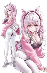 1girl absurdres alice_(nikke) ass backpack bag blush breasts cardigan cleavage commentary_request goddess_of_victory:_nikke headphones highres large_breasts long_hair multiple_views off_shoulder pants pink_cardigan pink_headphones shoes smile sneakers socks solo tight_clothes tight_pants v white_pants white_sneakers white_socks yerim yoga_pants