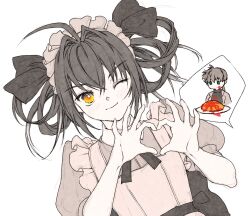 1boy 1girl ;) absurdres ahoge alternate_costume alternate_hairstyle apron bow chibi chibi_inset closed_mouth fate/samurai_remnant fate_(series) food food_on_clothes food_on_face hair_bow hair_intakes hair_rings hands_up heart heart_hands highres ketchup korean_commentary light_blush light_smile looking_at_viewer maid maid_apron maid_headdress mixed-language_commentary miyamoto_iori_(fate) mul1062363 omelet omurice one_eye_closed other_focus puffy_short_sleeves puffy_sleeves short_sleeves simple_background smile solo_focus spot_color white_background yamato_takeru_(fate)