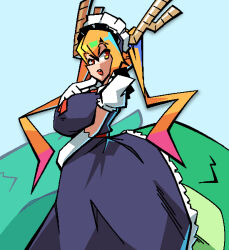 1girl bow breasts dragon_girl dragon_horns dragon_tail dress fang finger_to_cheek frilled_dress frills gloves horns kobayashi-san_chi_no_maidragon large_breasts long_glove long_hair looking_at_viewer maid maid_headdress red_eyes ribbon simple_background sirhoopsalot tail tohru_(maidragon) twintails very_long_hair