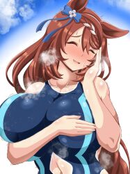 1girl absurdres animal_ears areola_slip blue_bow blue_one-piece_swimsuit blush bodypaint bow braid breasts brown_hair closed_eyes commentary_request covering_nipples covering_privates crown_braid ear_bow hand_on_own_cheek hand_on_own_face highres horse_ears horse_girl huge_breasts huruse long_hair multicolored_hair nose_blush one-piece_swimsuit open_mouth painted_clothes smile solo streaked_hair super_creek_(umamusume) swimsuit umamusume upper_body very_long_hair white_hair