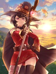 1girl absurdres asymmetrical_legwear bandaged_leg bandages belt belt_collar black_cape black_gloves black_hair cape closed_mouth collar dress evening field gloves grass hand_on_own_hip hat highres holding holding_staff horizon kono_subarashii_sekai_ni_shukufuku_wo! lens_flare long_sleeves looking_at_viewer megumin mismatched_legwear mountainous_horizon off-shoulder_dress off_shoulder outdoors red_dress red_eyes rural shigokin_(baller4jesus27) short_dress short_hair_with_long_locks signature single_thighhigh sky smug staff standing star_(sky) starry_sky sun sunset thighhighs witch_hat zettai_ryouiki