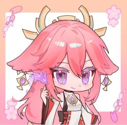 1girl animal_ear_piercing animal_ears bare_shoulders chibi chibi_only closed_mouth commentary_request detached_sleeves fernand63951735 fox_ears fox_girl genshin_impact gradient_background hair_between_eyes hand_up headpiece japanese_clothes jewelry light_smile long_hair long_sleeves looking_at_viewer looking_to_the_side pendant pink_hair purple_eyes smirk solo standing wavy_hair wide_sleeves yae_miko