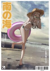 1girl absurdres adjusting_eyewear barcode bare_shoulders beach bikini black-framed_eyewear blonde_hair bow bow_bikini breasts cloud cloudy_sky collarbone colored_eyelashes drakhend66 flipped_hair front-tie_bikini_top front-tie_top full_body gakuen_idolmaster green_bow hair_ornament hairclip half-closed_eyes halterneck hat highres holding holding_swim_ring idolmaster innertube leaning_forward long_hair looking_at_viewer navel ocean orange_eyes outdoors parted_lips ribs shinosawa_hiro side-tie_bikini_bottom sky small_breasts solo standing standing_on_one_leg straw_hat sunglasses sweat swim_ring swimsuit white_bikini white_bow