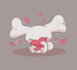 &gt;_&lt; animal animal_focus blush blush_stickers cinnamoroll curled_tail dog fuwa_fuwa_cinnamoroll grey_background heart highres holding holding_heart no_humans reimentyuru sanrio simple_background solo translation_request white_dog white_fur