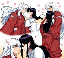 1boy 1girl absurdres animal_ears bead_necklace beads black_hair brown_eyes couple dog_boy dog_ears fingernails hair_between_eyes hakama hand_in_another&#039;s_hair hetero highres higurashi_kagome hug inuyasha inuyasha_(character) japanese_clothes jewelry long_hair looking_at_another miko multiple_views necklace parted_lips red_hakama sharp_fingernails shirt sidelocks smile sweatdrop tiroma tooth_necklace twitter_username upper_body white_background white_hair white_shirt
