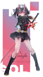 Rule 34 | 1girl, absurdres, belt, black boots, black hair, black jacket, black leotard, black skirt, boots, breasts, covered navel, highres, jacket, katana, leotard, medium breasts, medium hair, oni, original, red eyes, skirt, solo, sword, tachi-e, thighs, weapon, yellow belt, yinber