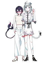 2girls absurdres alternate_costume alternate_height amaotome and_uge animal_ears black_dress black_hair black_ribbon black_sandals blue_eyes blush breasts cat_ears circle_facial_mark closed_mouth dress expressionless flat_chest floral_print floral_print_dress full_body grey_hair grey_sandals grey_shirt high_heel_sandals highres holding_hands looking_at_another looking_to_the_side medium_breasts midriff multiple_girls nanashi_inc. nose_blush pants pointy_ears print_dress purple_eyes red_hair ribbon ryugasaki_rene sandals shirt short_hair short_sleeves simple_background sleeveless sleeveless_shirt tail tail_ornament tail_ribbon thick_eyebrows virtual_youtuber white_background white_pants yuri