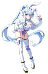 assault_rifle blue_hair boots breasts garter_belt girls&#039;_frontline girls&#039;_frontline_2:_exilium green_eyes gun h&amp;k_hk416 hair_ornament highres hk416_(girls&#039;_frontline) jacket klukai_(girls&#039;_frontline_2) large_breasts leotard navel nyan_(nyan12309) purple_leotard rabbit_hair_ornament rifle simple_background thighhighs thighs weapon white_background white_boots white_jacket white_thighhighs