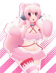 Rule 34 | 2000s (style), :d, absurdres, animal ear headphones, bear ear headphones, claws, collar, frilled skirt, frills, gloomy bear, headphones, highres, long hair, nitroplus, non-web source, open mouth, pink hair, pink skirt, pixel cloud, red collar, red eyes, self-upload, skirt, smile, striped clothes, striped thighhighs, super sonico, thighhighs