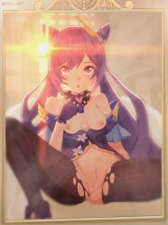 1girl :o absurdres bare_shoulders black_pantyhose blush breasts breasts_out brown_background choker cone_hair_bun double_bun dress film_grain flower fray_(fray_arts) frilled_gloves frills genshin_impact gloves hair_bun hair_ears hair_ornament hair_ornament_request heavy_lens_flare highres indoors keqing_(genshin_impact) lens_flare long_hair looking_at_mirror looking_at_viewer medium_breasts mirror nipples open_mouth pantyhose purple_dress purple_eyes purple_gloves purple_hair pussy short_dress sitting solo torn_clothes torn_pantyhose twintails twitter_username white_flower