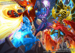 Rule 34 | 6+boys, armor, artist name, battle, blue skin, blue theme, blue tongue, breastplate, clash, claws, clenched hand, clenched hands, clenched teeth, colored skin, colored tongue, demon, demon wings, dragon, duel monster, electricity, epic, extra mouth, face-to-face, fake horns, fangs, fighting, fire, flying, giant, glowing, glowing eyes, gold, gold skin, hamon lord of striking thunder, helmet, highres, horned helmet, horns, joints, lightning, looking at another, male focus, monster, multiple boys, muscular, night, night sky, no humans, obelisk the tormentor, open mouth, osiris the sky dragon, pauldrons, pectorals, raviel lord of phantasms, red eyes, red skin, red theme, sharp teeth, shoulder armor, sky, slifertheskydragon, spikes, tail, teamwork, teeth, the winged dragon of ra, tongue, uria lord of searing flames, wings, yellow eyes, yellow skin, yu-gi-oh!, yu-gi-oh! duel monsters, yu-gi-oh! gx