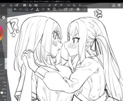 Rule 34 | 2girls, anger vein, art program in frame, bang dream!, bang dream! it&#039;s mygo!!!!!, blush, commentary request, extreme yuri buta, eye contact, greyscale, hair ribbon, highres, holding hands, interlocked fingers, long hair, looking at another, medium hair, misumi uika, monochrome, multiple girls, open mouth, ribbon, shirt, togawa sakiko, two side up, unfinished, yuri
