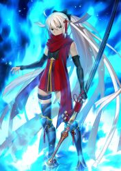 1other ahoge arm_armor armored_boots black_boots black_bow black_eyes black_sleeves blue_background blue_fire boots bow breasts cleavage closed_mouth clothing_cutout dark_skin detached_sleeves dress embers fate/grand_order fate_(series) feet_out_of_frame fiery_background fire hair_between_eyes hair_bow hair_ornament holding holding_sword holding_weapon huge_weapon jewelry katana long_hair looking_at_viewer medium_breasts official_art okita_souji_(fate) okita_souji_alter_(fate) other_focus red_dress red_scarf rengoku_(sword)_(fate) rengoku_alter_(fate) scarf sheath sheathed short_dress sidelocks sleeveless solo standing sword takeuchi_takashi tassel thigh_boots thighlet third-party_source underboob_cutout v-shaped_eyebrows variant_set very_long_hair weapon white_hair