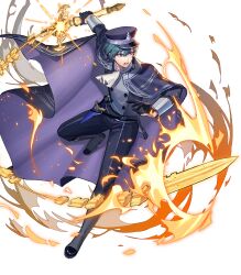 Rule 34 | 1boy, attack, black cape, black gloves, cape, dagger, fire, fire emblem, fire emblem heroes, flaming sword, flaming weapon, garreg mach monastery uniform, gloves, half gloves, hat, highres, holding, holding sword, holding weapon, knife, male byleth (anchor of hope) (fire emblem), male byleth (fire emblem), nintendo, non-web source, official alternate costume, official art, open mouth, peaked cap, solo, sword, sword of the creator, v-shaped eyebrows, weapon, whip sword